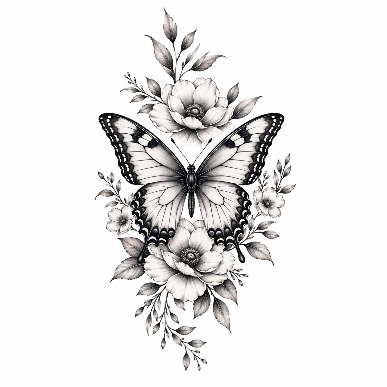 Tatuagem de borboleta em preto e branco